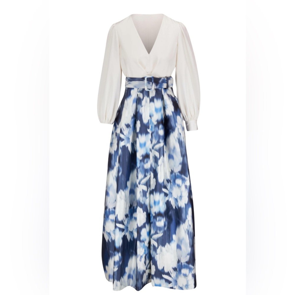 SACHIN + BABI Zoe Ivory & Blue Floral Belted Gown